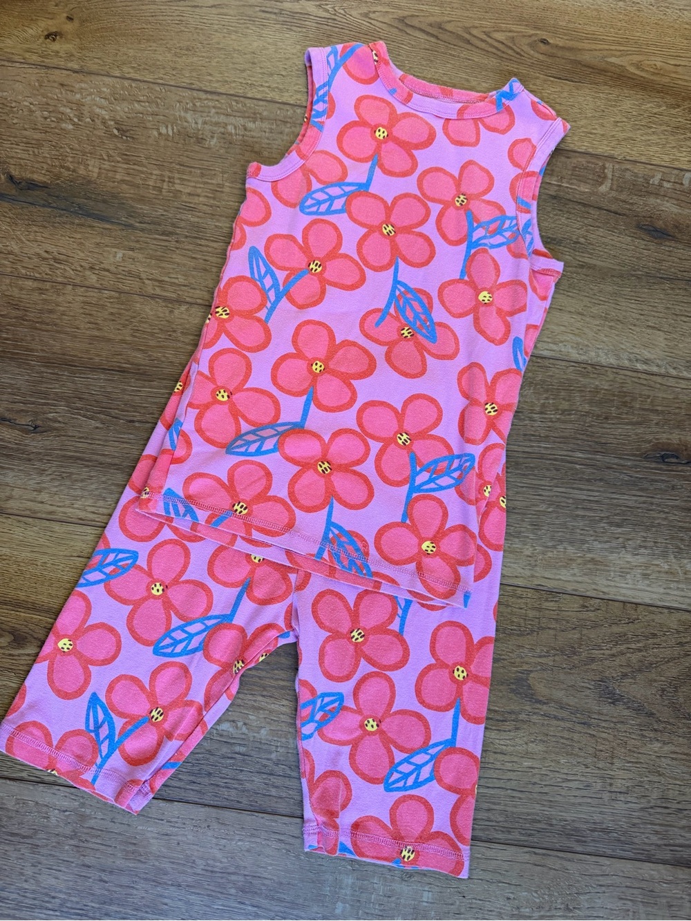 Tea Collection Pink Floral Pajama Set with Blue Leaf Accents